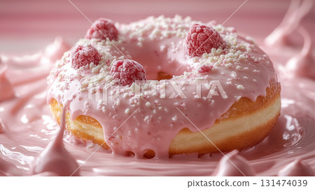 Raspberry donut splashing in milk with fresh berries 131474039