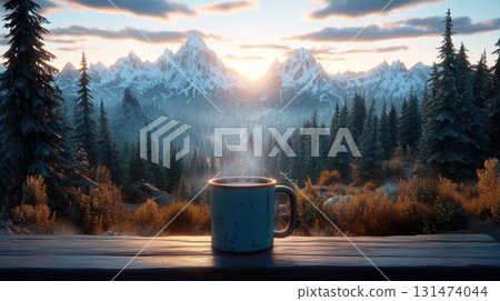 Panoramic cup coffee tea morning, 3D rendering concept outdoor recreation, relaxation, solitude. 131474044
