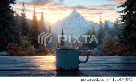 Panoramic view of cup of coffee or tea on wooden table in morning, concept of outdoor recreation, relaxation, solitude. 131474045