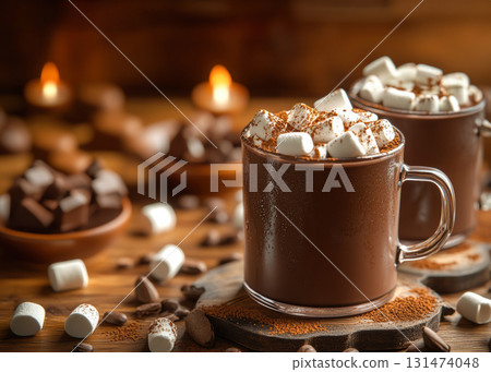 Cups aromatic hot drink cocoa coffee chocolate with marshmallows on wooden table, surrounded cocoa beans, marshmallows, cinnamon. Place for text, greeting card, banner, holiday, Christmas, romance Cups aromatic hot drink cocoa coffee chocolate with marshmallows on wooden table, surrounded cocoa beans, marshmallows, cinnamon. Place for text, greeting card, banner, holiday, Christmas, romance 131474048