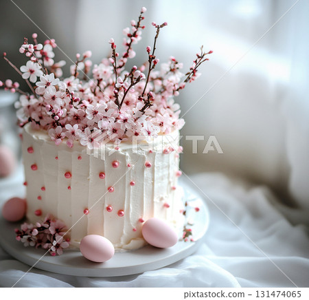 Easter cake, Easter eggs around it, flower, Easter poster, banner, Easter painted eggs, copy space Easter cake, Easter eggs around it, flower, Easter poster, banner, Easter painted eggs, copy space 131474065