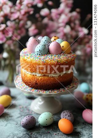 Easter cake, Easter eggs around it, flower, Easter poster, banner, Easter painted eggs, copy space Easter cake, Easter eggs around it, flower, Easter poster, banner, Easter painted eggs, copy space 131474066