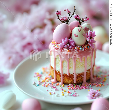 Easter cake, Easter eggs around it, flower, Easter poster, banner, Easter painted eggs, copy space Easter cake, Easter eggs around it, flower, Easter poster, banner, Easter painted eggs, copy space 131474067