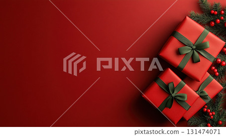 Luxury red gifts box natural ribbon close-up red background, birthday, Christmas, copy space Luxury red gifts box natural ribbon close-up red background, birthday, Christmas, copy space 131474071