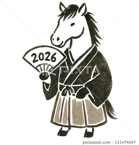 A horse wearing a hakama and holding a fan A horse wearing a hakama and holding a fan 131474097