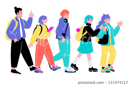 流行且色彩鮮豔的Z世代年輕人行走插畫 131474117