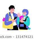 Pop and colorful illustration of a parent and child: a father holding a smartphone and a smiling mother Pop and colorful illustration of a parent and child: a father holding a smartphone and a smiling mother 131474121