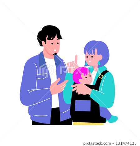 Pop and colorful illustration of a family discussing 131474123
