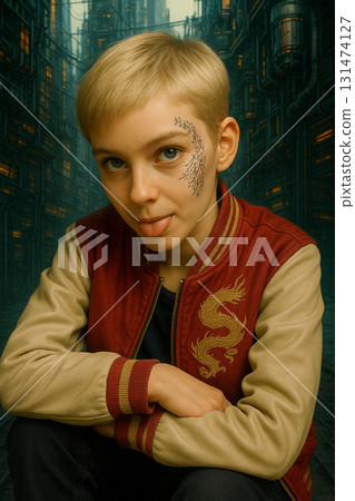 Cyberpunk-style boy portrait in dragon-embroidered jacket and futuristic city background 131474127