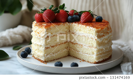 Layered honey cake slice with berries on white plate decorated with whipped cream fresh berries. 131474169