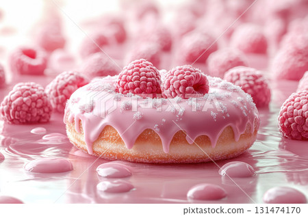 Raspberry donut splashing in milk with fresh berries 131474170