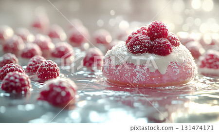 Raspberry donut splashing in milk with fresh berries 131474171