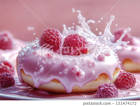 Raspberry donut splashing in milk with fresh berries 131474172