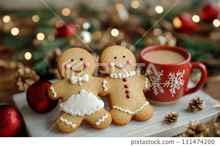 Gingerbread man cookie leaning on red coffee cup in warm Christmas setting tree lights background 131474200