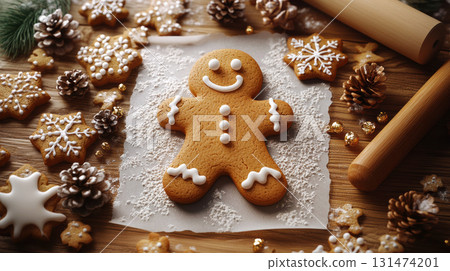 Gingerbread cookies with snowflake decorations on festive table, copy space, banner, advertising, greeting, postcard, mockup 131474201