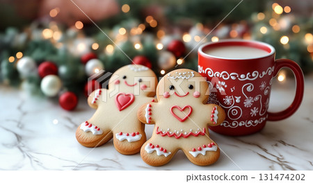 Gingerbread man cookie leaning on red coffee cup in warm Christmas setting tree lights background 131474202