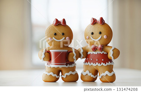 gingerbread couple cookie leaning on red coffee cup in warm Christmas setting tree lights background 131474208