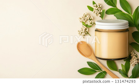 Natural rustic honey jar with hexagonal texture glows linden blossom, wooden spoon lying on table with spoonful acacia flowers , emphasizing theme homemade and organic skin care Natural rustic honey jar with hexagonal texture glows linden blossom, wooden spoon lying on table with spoonful acacia flowers , emphasizing theme homemade and organic skin care 131474293