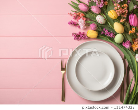 Happy Easter, banner Easter minimalism decorated table, pink table is plate with multicolored eggs, bouquet of various spring tulips, lily of valley flowers. 131474322