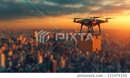Delivery drone flight carrying parcel above residential village with sunrise in background, representing modern shipping solutions Delivery drone flight carrying parcel above residential village with sunrise in background, representing modern shipping solutions 131474350