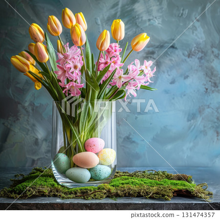 Easter concept. Glass vase bouquet pink yellow tulips, cradling pastel Easter eggs, set against modern grey backdrop. paste blank. Holidays, copy space, design greeting cards, art minimalist style Easter concept. Glass vase bouquet pink yellow tulips, cradling pastel Easter eggs, set against modern grey backdrop. paste blank. Holidays, copy space, design greeting cards, art minimalist style 131474357