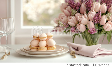 Happy Easter. Luxury white, pink, golden eggs and tulips bouquet arranged on napkin Easter table, matching cutlery and glassware Happy Easter. Luxury white, pink, golden eggs and tulips bouquet arranged on napkin Easter table, matching cutlery and glassware 131474433