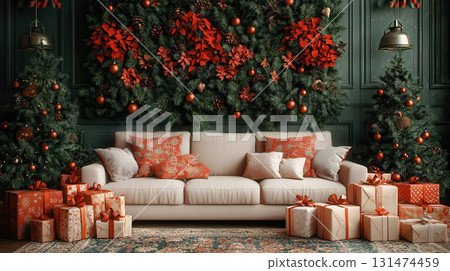 Christmas presents wrapped in gold and blue paper with bows on couch in warm living room with glowing tree, garland and bokeh lights Christmas presents wrapped in gold and blue paper with bows on couch in warm living room with glowing tree, garland and bokeh lights 131474459