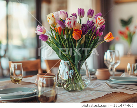 Fresh spring bouquet of pastel tulips in a clear glass vase, placed in a cozy, sunlit kitchen with mint green cabinets and a soft homely feel. 131474465