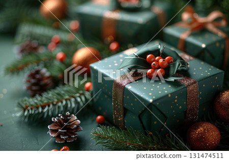 Holiday Christmas, New Year. Close-up green luxury gift boxes. red ribbons, flat lay, sale, banner 131474511