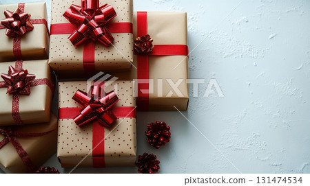 Merry Christmas, Happy New Year, gift boxes red ribbon bow, background. Flat lay, copy space, banner 131474534