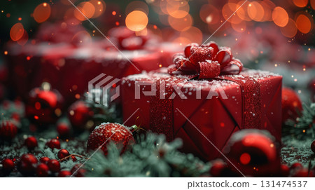 Merry Christmas, Happy New Year, craft red gift box, green background. Flat lay, copy space, banner 131474537