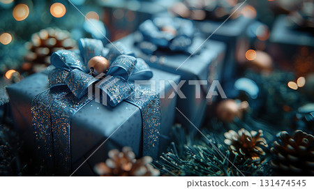 Close-up Blue luxury gift boxes. Golden yellow ribbons. Holiday Christmas, New Year, flat lay, sale 131474545