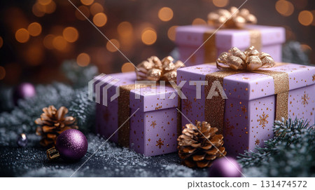 ?loseup craft pink gift box purple holiday background, copy space, banner Merry Christmas, New Year 131474572