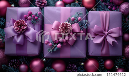 Merry Christmas, New Year, closeup craft violet gift box holiday background, copy space, banner 131474612