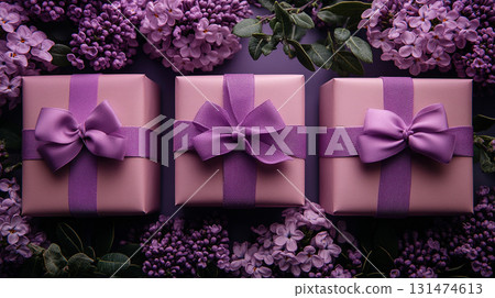 Merry Christmas, New Year, closeup craft violet gift box holiday background, copy space, banner 131474613