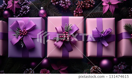 Merry Christmas, New Year, closeup craft violet gift box holiday background, copy space, banner 131474615