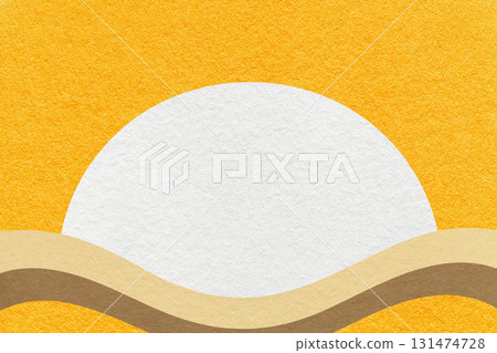 Yellow textured paper background with white circle for copy space and beige, brown waves for banner, presentation 131474728