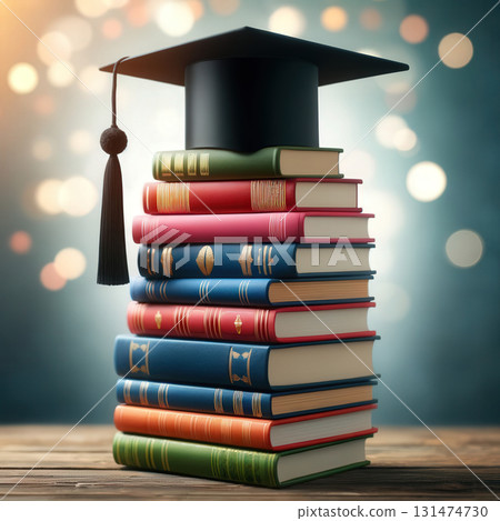 Stack of colorful books with graduation cap on top symbolizing education and achievement 131474730