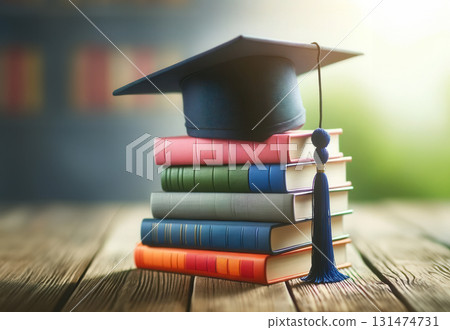 Stack of colorful books with graduation cap on top symbolizing education and achievement 131474731