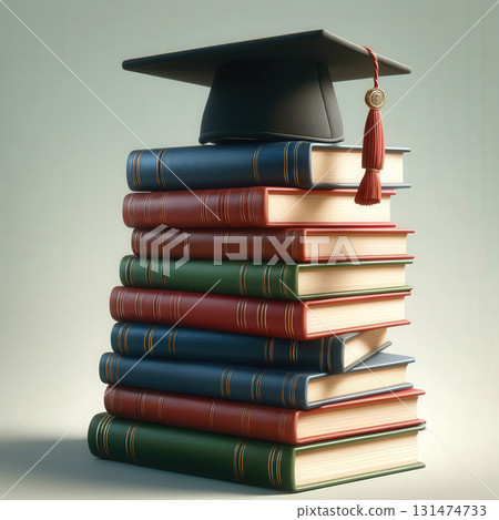 Stack of colorful books with graduation cap on top symbolizing education and achievement 131474733