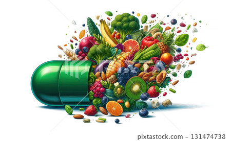 Nutritional supplement capsule filled with vegetables, fruit, and healthy ingredients 131474738