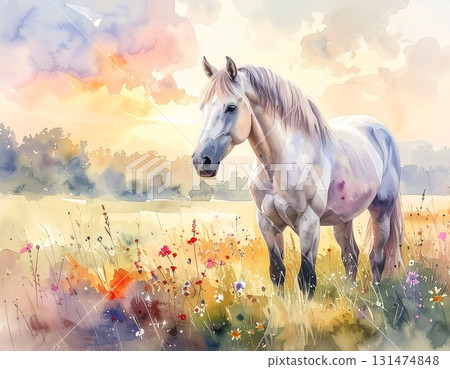 A horse standing in a watercolor-style meadow A horse standing in a watercolor-style meadow 131474848