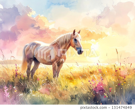 A horse standing in a watercolor-style meadow A horse standing in a watercolor-style meadow 131474849
