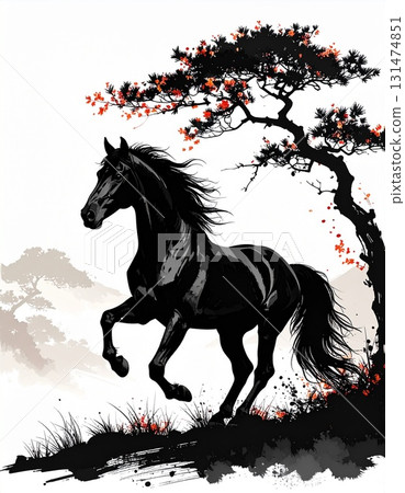 Brave horse silhouette in ink painting style 131474851