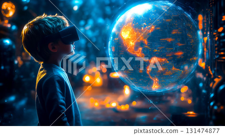 A boy wearing VR glasses interacts with a holographic globe. The concept of immersive learning, future technology, and global exploration through virtual reality. Generative AI. 131474877