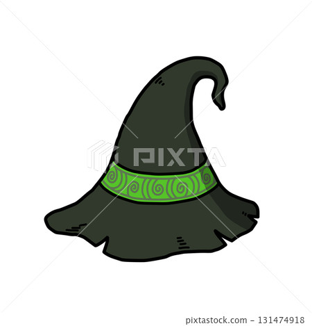 Halloween / A witch's pointed hat with a green ribbon [with outline] 131474918