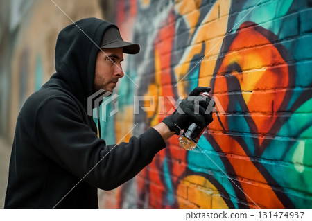 AI generated graffiti artist in action creating a bold mural on a brick wall. Creative energy and urban culture captured in vivid colors under natural light. Focus on dynamic artistic expression. 131474937