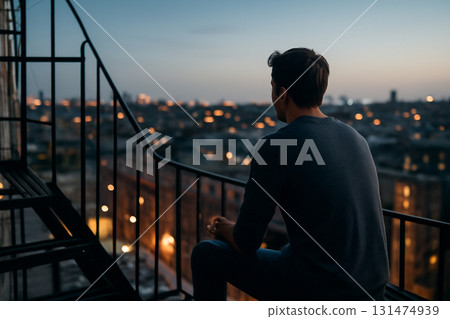 AI generated image of a person sitting on a fire escape, looking over a city at twilight. The soft city lights and introspective mood capture the essence of urban solitude and reflection. 131474939