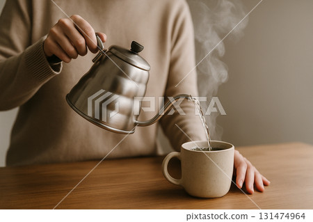 AI generated photo of a calm moment pouring hot water into a mug with rising steam simple ritual mindfulness and peaceful slow living lifestyle scene 131474964