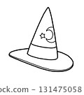 For Halloween / A gorgeous witch's pointed hat with a moon and star pattern [Line drawing only] 131475058